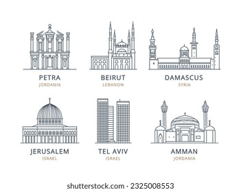 Сollection of Middle Eastern city icons with urban landmarks. Linear illustrations of modern city symbols by Amman, Petra, Damascus, Beirut, Jerusalem, Tel Aviv. Architectural vectors on white back