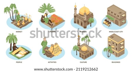Middle eastern city isometric compositions set of market mosque cultural landmark citizens people activities isolated vector illustration