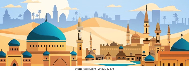 Middle Eastern cityscape desert skyline minarets domes palm trees sand dunes blue sky modern flat design travel concept background tourism website banner