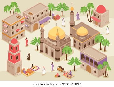 Middle eastern cityscape isometric background with mosque tower and traditional arabic buildings with arched facade vector illustration