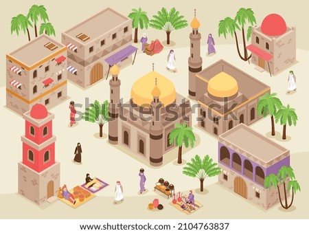 Middle eastern cityscape isometric background with mosque tower and traditional arabic buildings with arched facade vector illustration