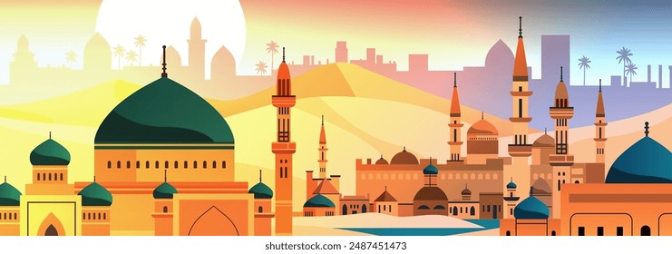 Middle Eastern cityscape mosque domes minarets desert sunset palm trees colorful gradient background travel destination banner design