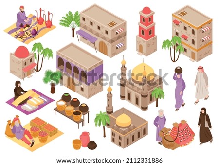 Middle eastern cityscape set with elements of ethnic architecture and people in national clothes isolated vector illustration