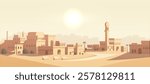 Middle Eastern cityscape in warm desert tones. Vector illustration