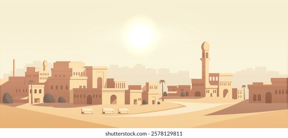 Middle Eastern cityscape in warm desert tones. Vector illustration