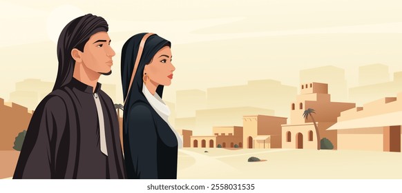 Middle Eastern couple in traditional clothing in desert town. Vector illustration