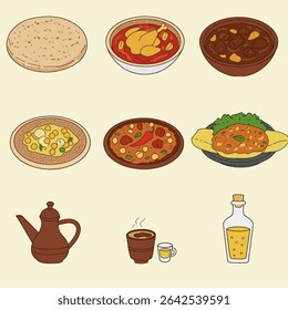 Cozinha do Oriente Médio com comida e pratos.