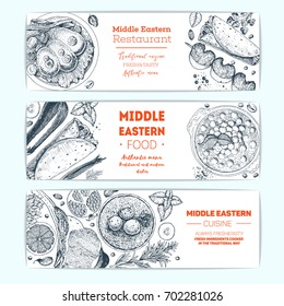 Middle eastern cuisine, horizontal banner set. Food menu design with hummus, kebab, shawarma, gefilte fish, matzoh ball soup. Vintage sketch vector illustration. Middle eastern traditional food