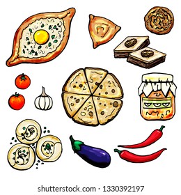 Middle Eastern cuisine, khachapuri, manti, baklava and vegetables