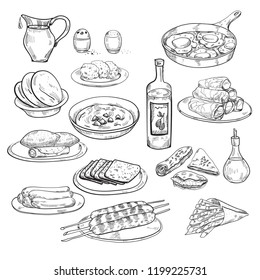 Middle eastern cuisine. Menu. Hummus, kebab, dolma, falafel, shakshuka, al haesh, chips, kube, sigarim, berekas. Vintage hand drawn sketch vector illustration. Middle eastern tradition