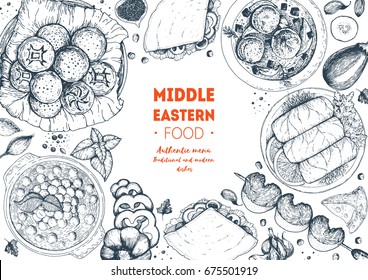 Middle eastern cuisine top view frame. Food menu design with hummus, kebab, dolma and falafel. Vintage hand drawn sketch vector illustration. Middle eastern traditional food.