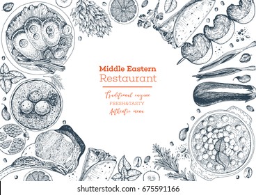 Middle eastern cuisine top view frame. Food menu design with hummus, kebab, shawarma, gefilte fish, matzoh ball soup. Vintage hand drawn sketch vector illustration.  Middle eastern traditional food.
