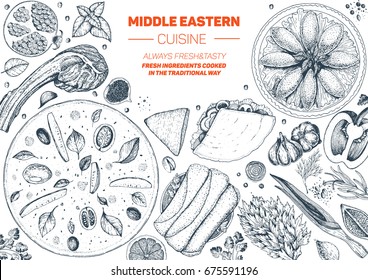 Cozinha do Oriente Médio quadro de vista superior. Design de menu de comida com manakish, kebab, shawarma e kibbeh. Vintage desenhado à mão ilustração vetorial esboço. Comida tradicional do Oriente Médio.