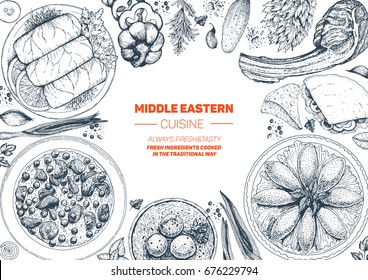 Middle eastern cuisine top view frame. Food menu design with cholent, kebab, dolma, kibbeh, matzo ball soup. Vintage hand drawn sketch vector illustration.