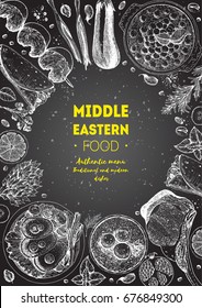 Middle eastern cuisine top view frame. Food menu design with hummus, kebab, shawarma, gefilte fish, matzoh ball soup. Vintage hand drawn sketch vector illustration. Middle eastern traditional food.