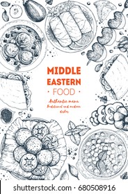 Middle eastern cuisine top view, vertical frame. Food menu design with cholent, kebab, dolma, kibbeh, matzo ball soup. Vintage hand drawn sketch vector illustration.