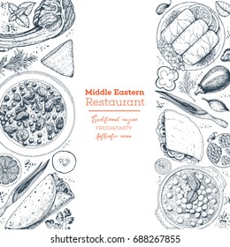 Middle eastern cuisine top view. Food menu design template with cholent, kebab, dolma, hummus, shawarma. Vintage hand drawn sketch vector illustration.