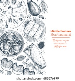 Middle eastern cuisine top view. Food menu design template with manakeesh, ,dolma, kebab, shawarma, shakshouka . Vintage hand drawn sketch vector illustration.