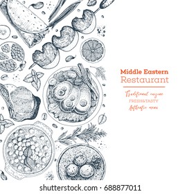 Middle eastern cuisine top view. Food menu design template with hummus, gefilte fish, kibbeh, falafel, kebab, shawarma . Vintage hand drawn sketch vector illustration.