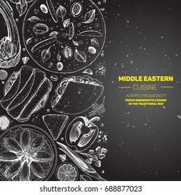 Middle eastern cuisine top view. Food menu design template with manakeesh, pita, rolls, kibbeh. Vintage hand drawn sketch vector illustration.