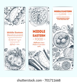 Middle eastern cuisine, vertical banner set. Food menu design with hummus, kebab, shawarma, gefilte fish, matzoh ball soup. Vintage sketch vector illustration. Middle eastern traditional food