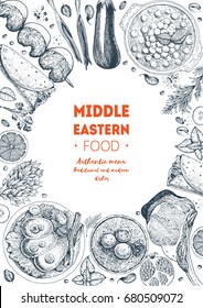 Middle eastern cuisine, vertical frame. Food menu design with hummus, kebab, shawarma, gefilte fish, matzoh ball soup. Vintage hand drawn sketch vector illustration. Middle eastern traditional food.