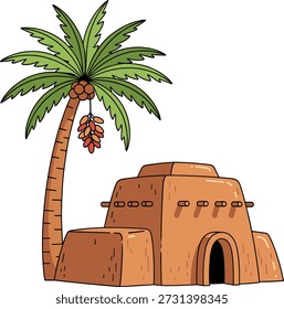 Casa de lama do deserto do Oriente Médio com palmeira de tâmaras e paisagem de oásis
