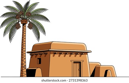 Casa de lama do deserto do Oriente Médio com palmeira de tâmaras e paisagem de oásis