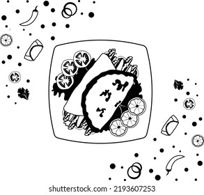 Middle Eastern Doner kebab Vector Icon Design, National Dish of Turkey Sign,Traditional cuisine Symbol, Famous Street food Mexican tacos al pastor, Shawarma with Seasonal veggies on Platter Concept
