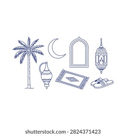 Middle Eastern Elements Palm Tree Crescent Moon And Lantern Line Art