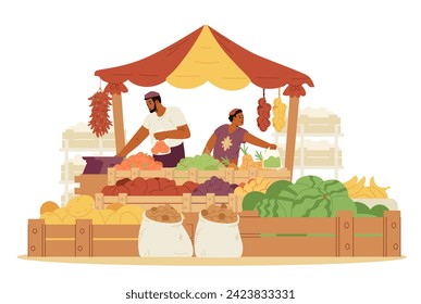 Padre e hijo de familia de Medio Oriente vendiendo frutas y verduras en un mercado ilustrativo de vector plano aislado en blanco.