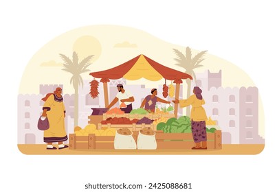 Middle Eastern family father and son selling fruits and vegetables in a marketplace with ancient city at the background flat vector illustration. Women buying fruits at the market.