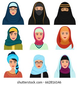 Middle Eastern female avatars set. Arabian muslim woman traditional hijab face collection.