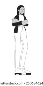 Middle eastern female employee entrepreneur black and white 2D line cartoon character. Professional proud woman crossed arms isolated vector outline person. Manager monochromatic spot illustration