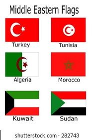 Middle Eastern Flags - Turkey, Tunisia, Algeria, Morocco, Kuwait, Sudan