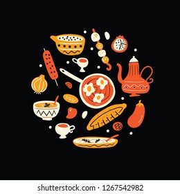 Middle eastern food. Hand drawn illustration in circle. Traditional cuisine concept. Vector. Black background