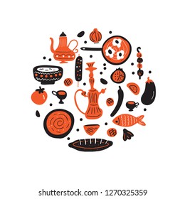 Middle eastern food. Hand drawn illustration in circle. Traditional cuisine concept. Vector
