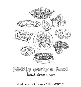Iconos de doodle del menú de comida del Medio Oriente Icono de vectores Ilustración en pizarra