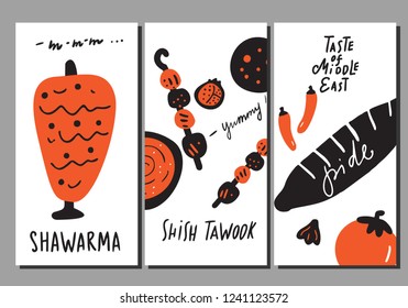 Middle eastern food. Set of flyers with hand drawn elements and lettering. Kebab, pide turkish traditional pie , shawerma. Made in vector.