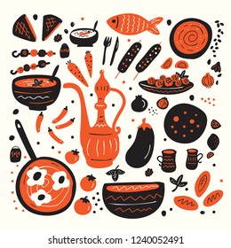 Middle eastern food. Set of hand drawn illustration of different tradishional middle eastern dishes made in doodle style. Vector.