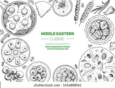 Middle eastern food top view frame. Food menu design with manakish, shakshouka, kebab, halva, hummus and sweet desserts. Vintage hand drawn sketch vector illustration.