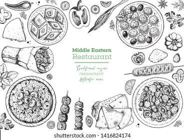 Middle eastern food top view frame. Food menu design with pita, shawarma, kebab, baklava, meat balls. Vintage hand drawn sketch vector illustration.