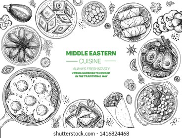 Quadro de vista superior de comida do Oriente Médio. Design de menu de comida com quibe, dolma, shakshouka, shawarma e doces. Ilustração vetorial de esboço desenhado à mão vintage.