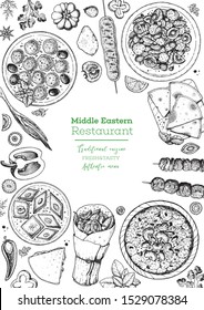 Middle eastern food top view frame. Food menu design with pita, shawarma, kebab, baklava, meat balls. Vintage hand drawn sketch vector illustration. 