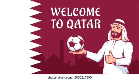 Fútbol en el Medio Oriente. Hombre árabe con una pelota de fútbol al fondo de la bandera de Qatar. Campeonato Mundial de Fútbol en Qatar. Ilustración vectorial.