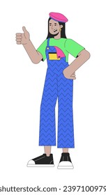 Middle eastern funky girl thumb up 2D linear cartoon character. Young adult woman wearing 80s retro clothes isolated line vector person white background. Nostalgia color flat spot illustration