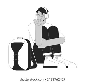 Middle eastern guy headphones sitting with backpack black and white 2D line cartoon character. Listening to music student isolated vector outline person. Introvert monochromatic flat spot illustration