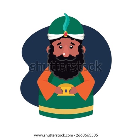Middle eastern king character with green turban feather and black beard holding golden treasure Vector illustration