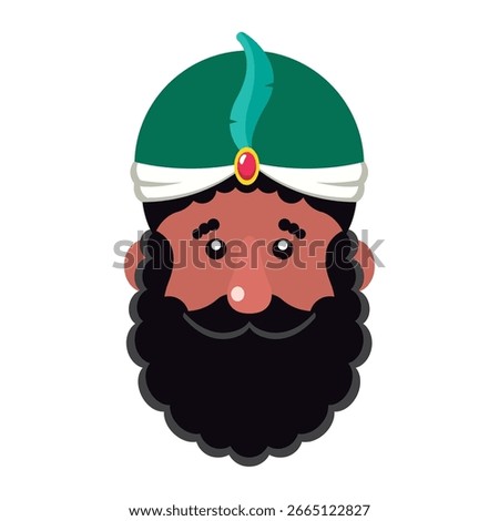 Middle eastern king character with green turban feather and black curly beard portrait Vector illustration