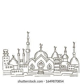 Middle Eastern landscape. Arabic street, city, view. Ramadan greeting card. Islamic city with mosque, minarets, buildings. Monochrome doodle background. Vector illustration.